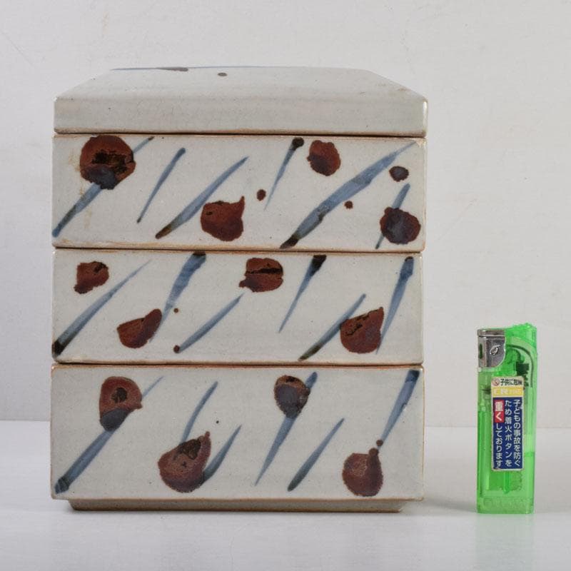 和食器　袖師焼　四代　尾野晋也作　呉須文　重箱　共布共箱　V　8774