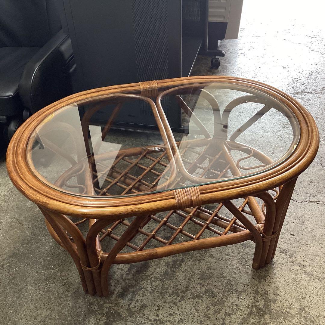 ラタン　籐　ガラステーブル