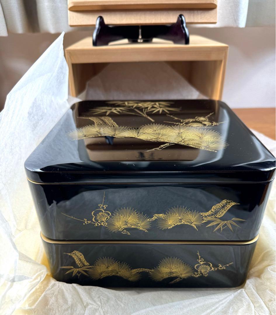 257 輪島塗　松竹梅沈金　二段重　未使用品　共箱　共布