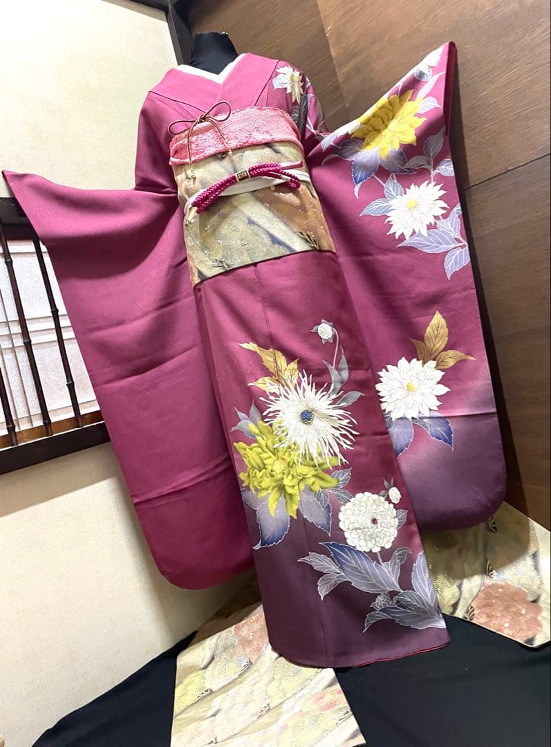 振袖 フルセット6点サイズM〜Ｌ草花　ビーズ　暈し染　金彩　正絹