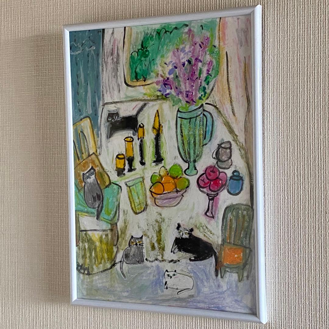 絵画 。手描き【部屋で楽しく遊んでいるかわいい猫たち】