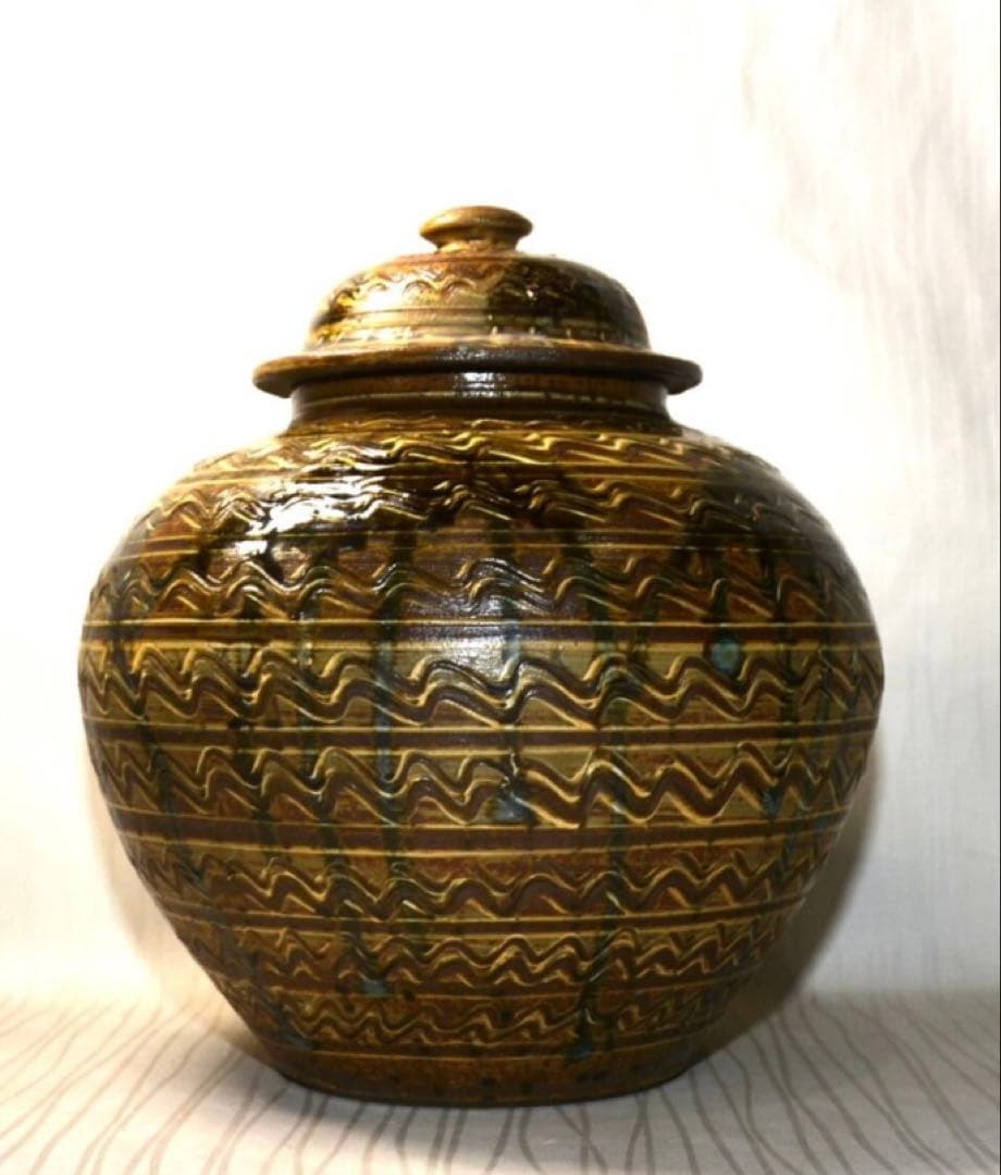 小鹿田焼 横縞櫛目緑釉打掛蓋付壺 29cm 未使用美品 民藝