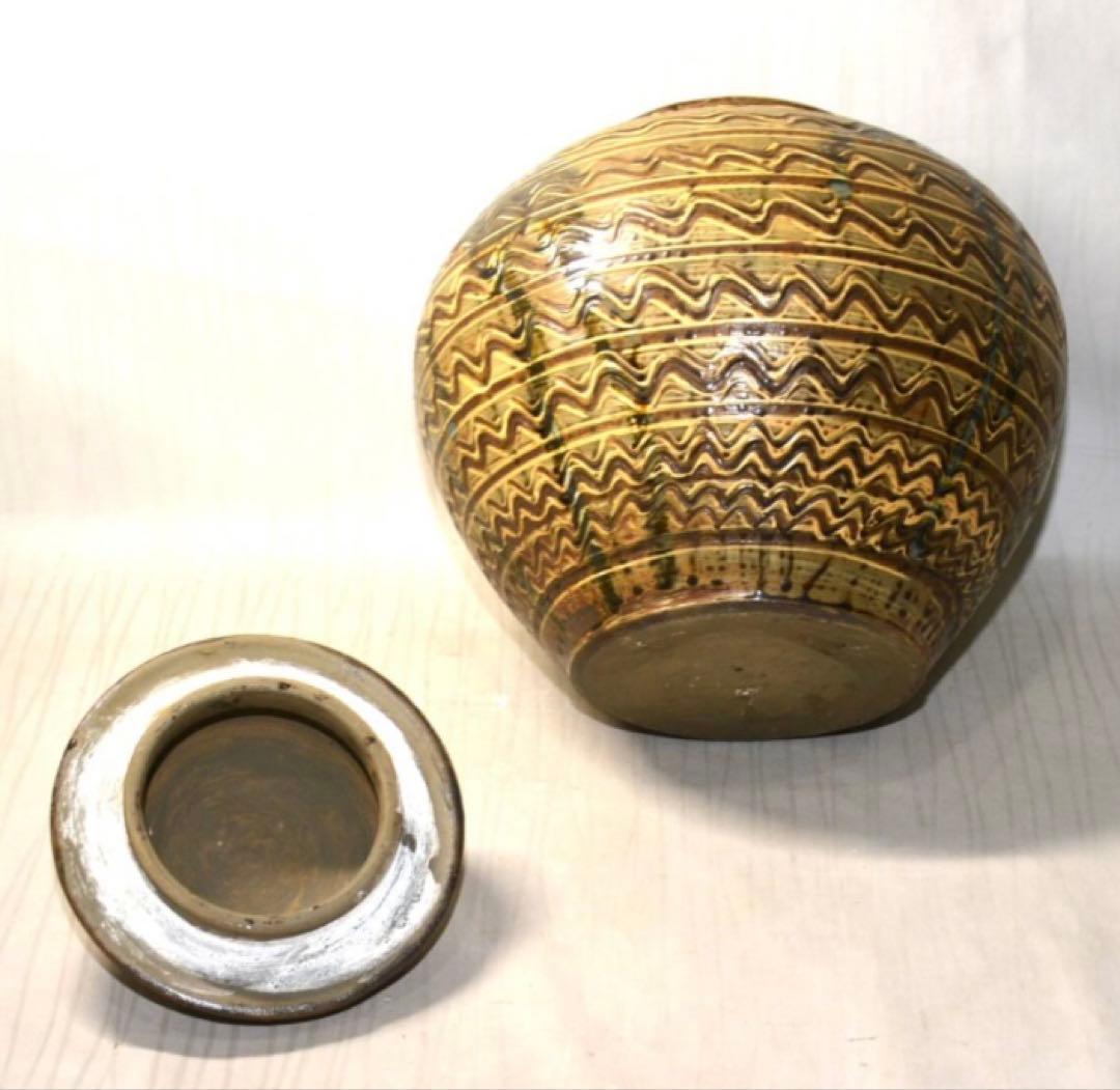 小鹿田焼 横縞櫛目緑釉打掛蓋付壺 29cm 未使用美品 民藝