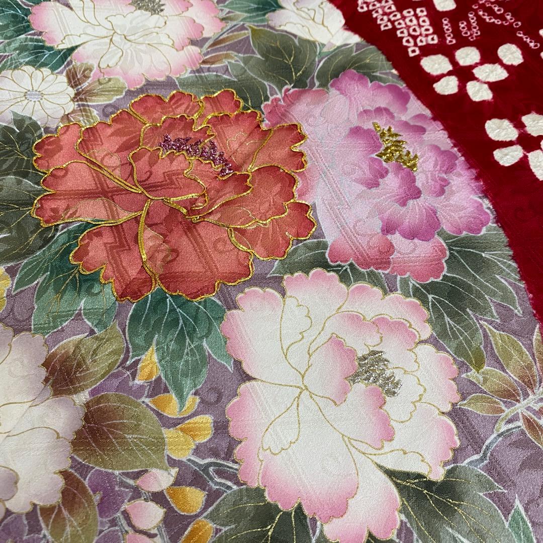 ⭐︎K0627 正絹 振袖 レンタル店放出品 赤 ガード加工 花柄 13号