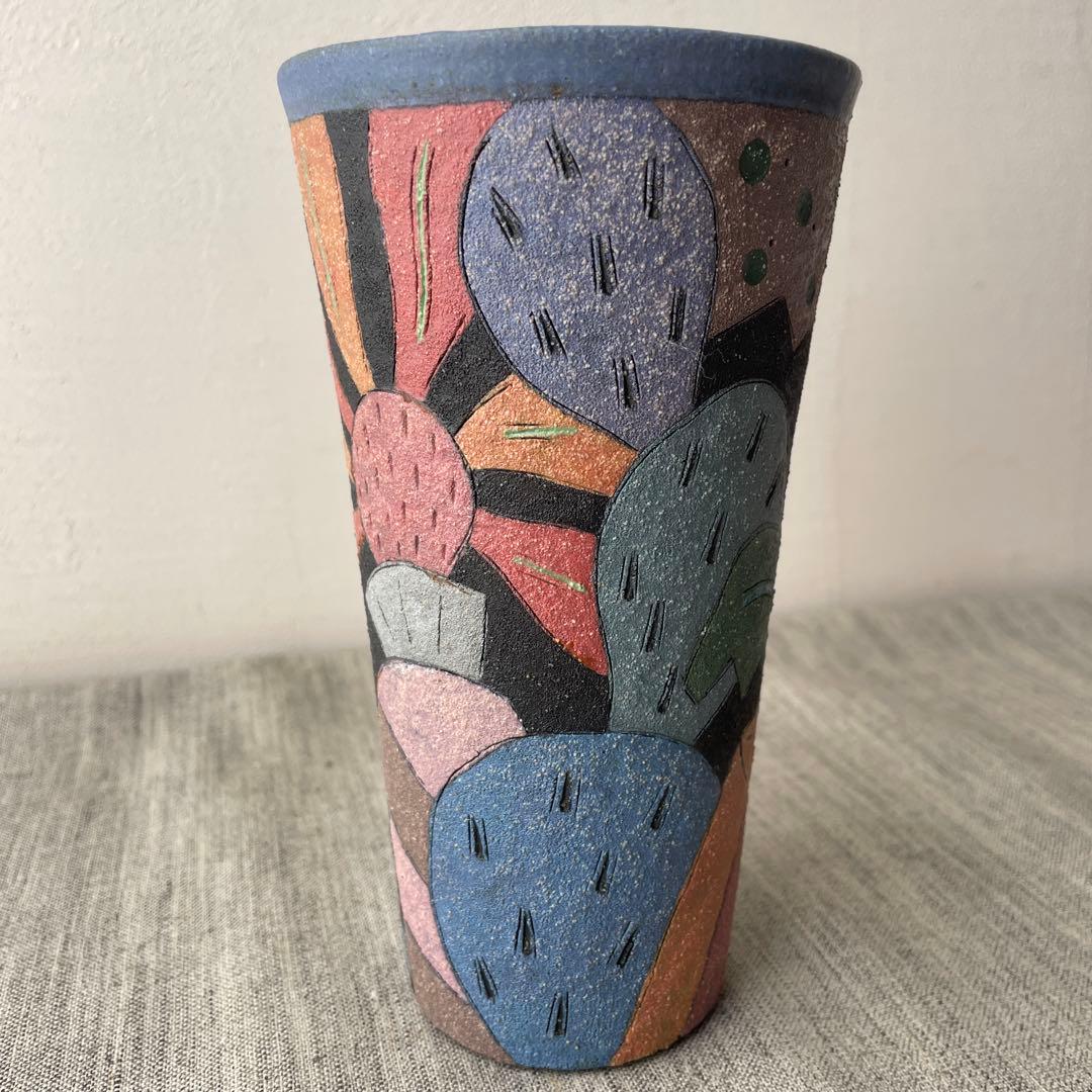 作家　陶芸家　志村観行　タンブラー　ビアカップ　背の高いコップ　手描き　手彫り