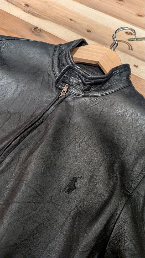 90年代希少　ラルフローレン　ブラックラムレザー　スタンドカラーレザージャケット