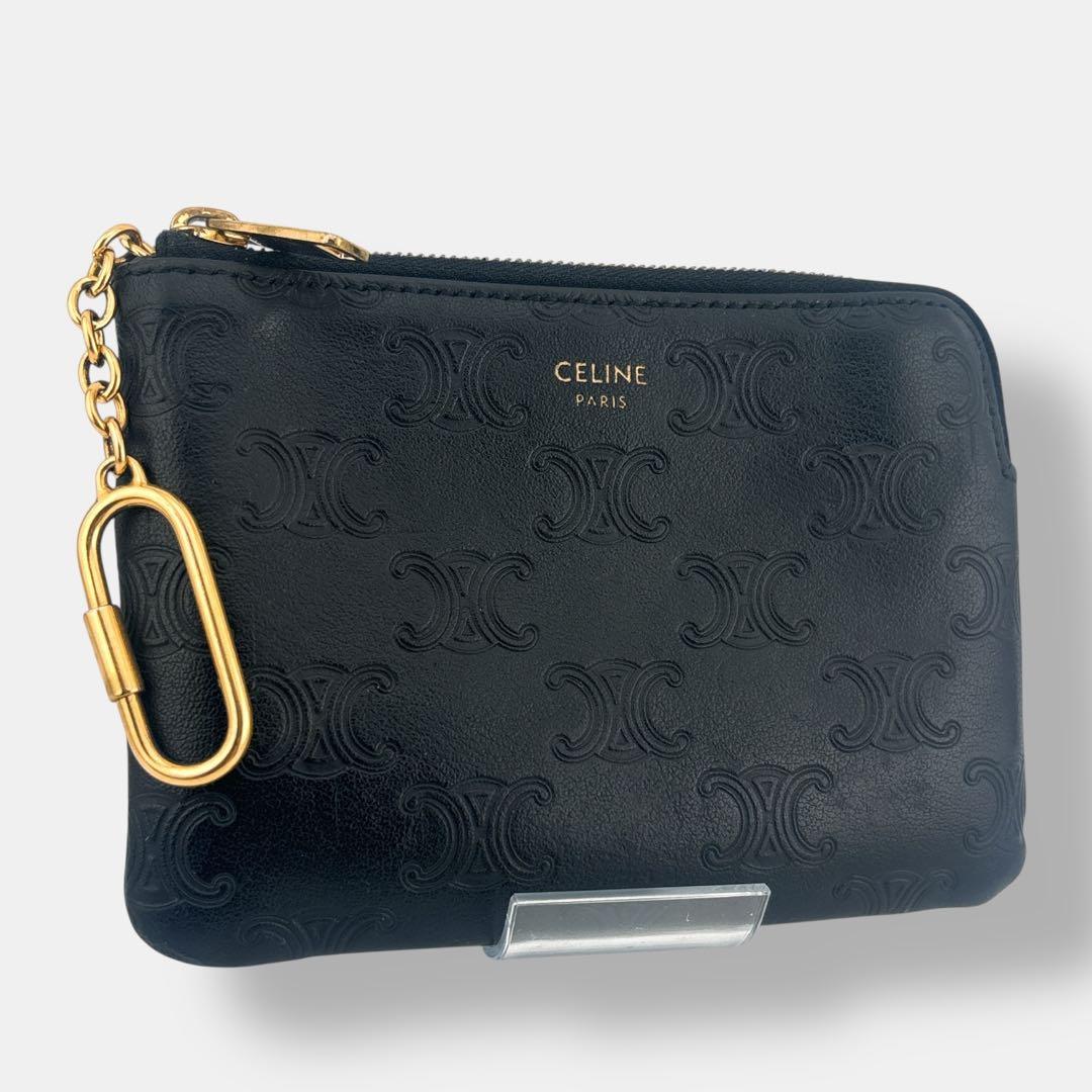 極美品 セリーヌ トリオンフ　フック付き ケース　総柄　ブラック レザー