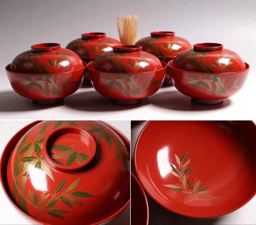 CG34 輪島塗 時代木製漆器 竹笹蒔絵 朱塗御吸物椀 五客 / 伝統漆芸茶懐石