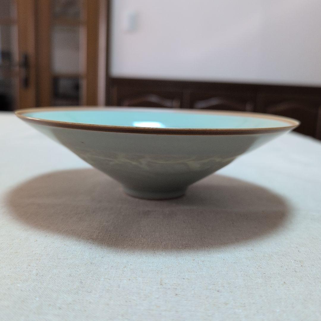 茶道具　青磁平茶碗　龍と鳳凰の図柄　化粧箱入