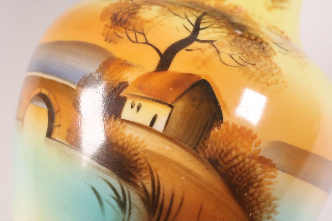 【CM304】オールドノリタケ 湖畔の風景 花瓶 高21cm 夕焼け 花入 花器