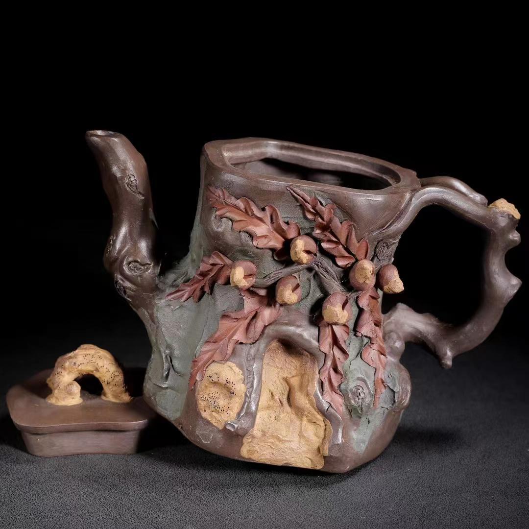 中国古美術・宜興原鉱紫泥 樹桩急須・紫砂壺・底款:蒋蓉・朱泥・急須・茶壺・茶道具