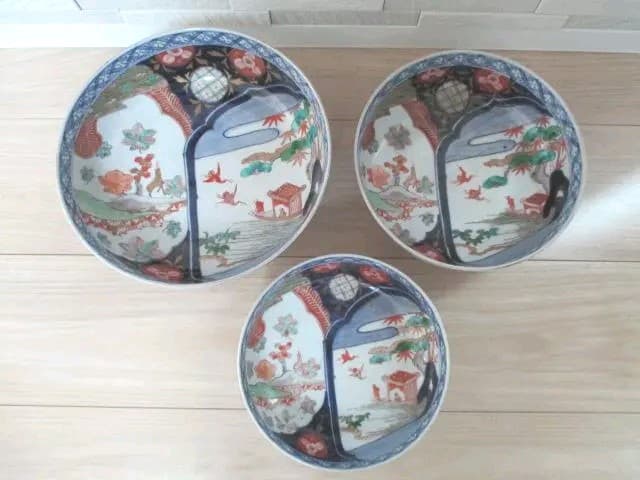 古伊万里　江戸幕末～明治期頃　染錦　鹿鶴文　三つ鉢