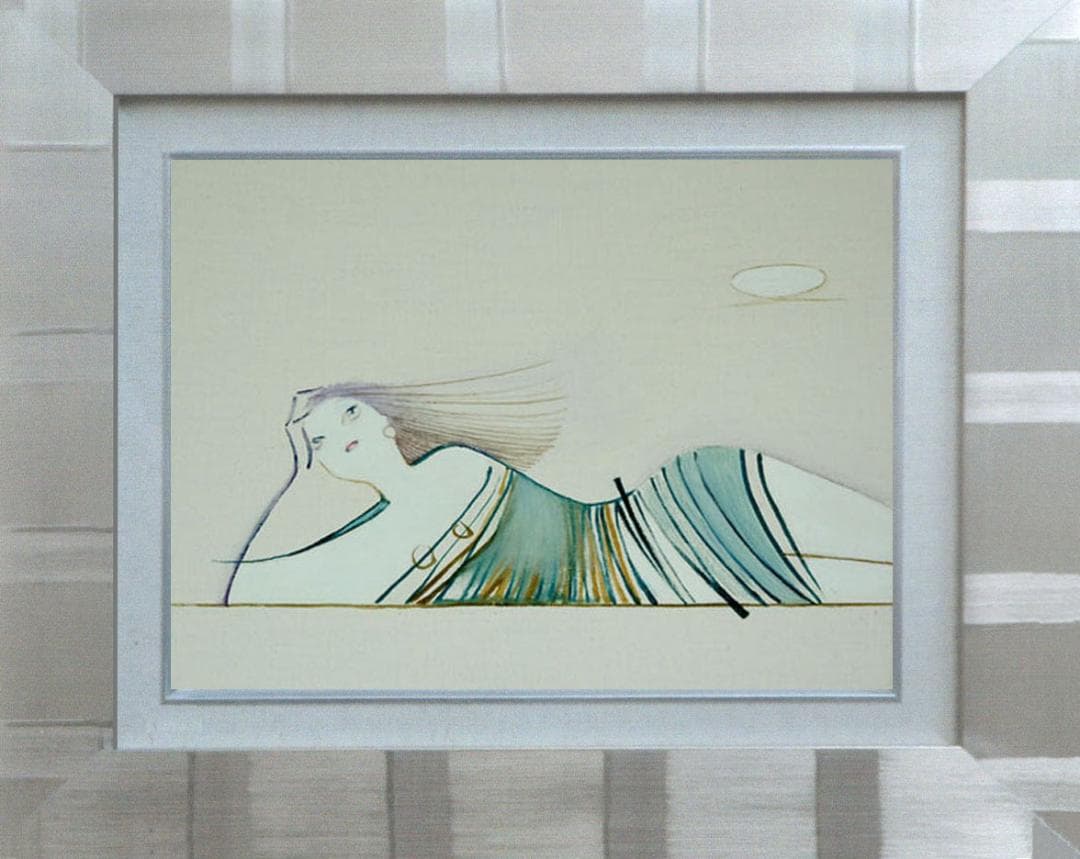 油絵 菅家令子 絵 絵画インテリア額付(青緑＋金色の枠) F3-041114女性