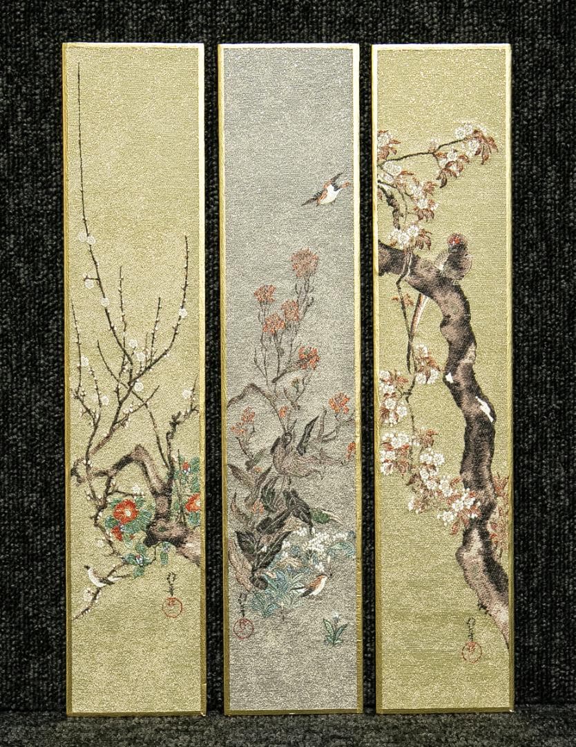 掛軸-1666　酒井抱一　花鳥十二ヶ月画帖　短冊　織物　西陣1800口織