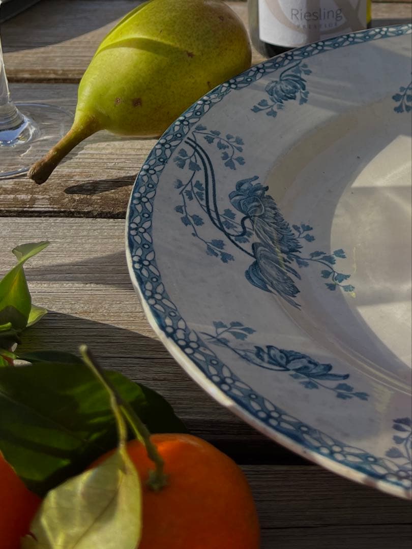 ◆フランスアンティーク｜サングミンヌ30cm大皿プレート花ボタニカル青緑陶器睡蓮