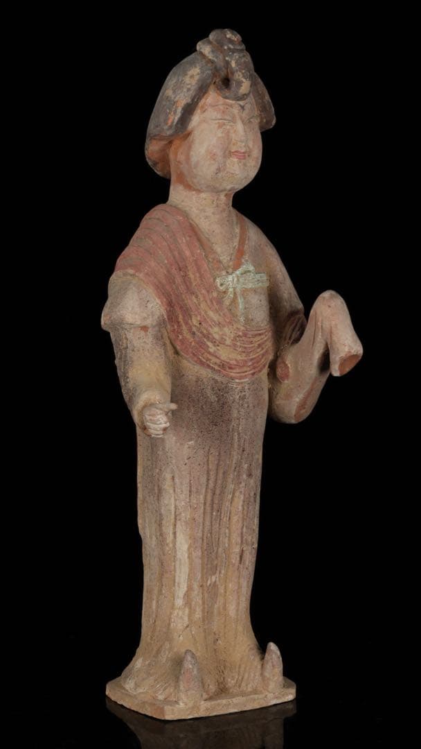 【中国古玩】加彩 婦女俑婦人 俑置物 高さ57㎝ 彩色残存 唐物 古美術 骨董品