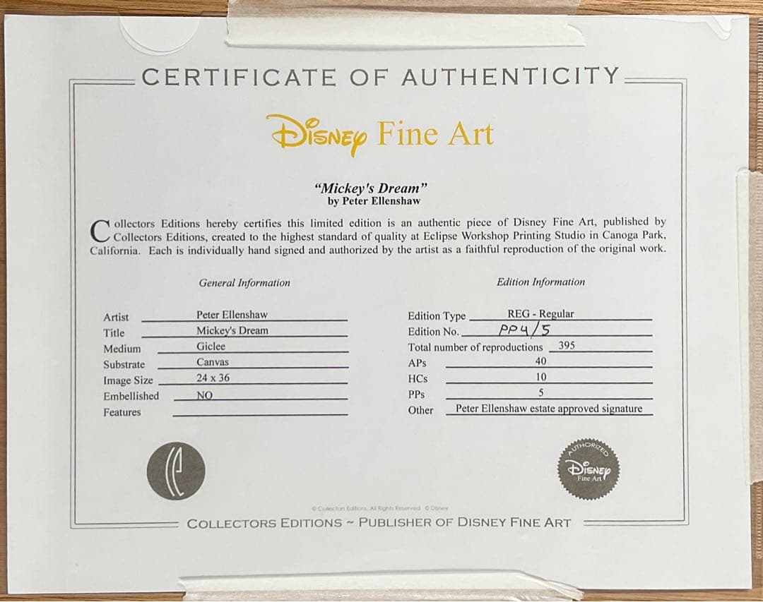 ピーター・エレンショー直筆サイン入り　ファンタジアミッキー版画　証明書付