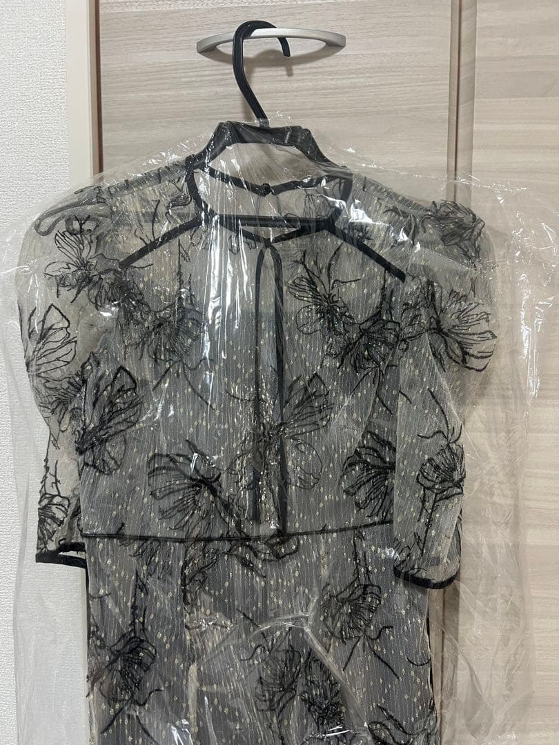 leja 花柄リボンパフスリーブマーメイドワンピースドレス　blue s