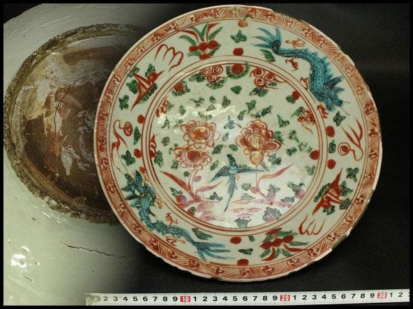 茶道具 唐物 呉須赤絵 鳳花紋 皿 φ33cm(A929)