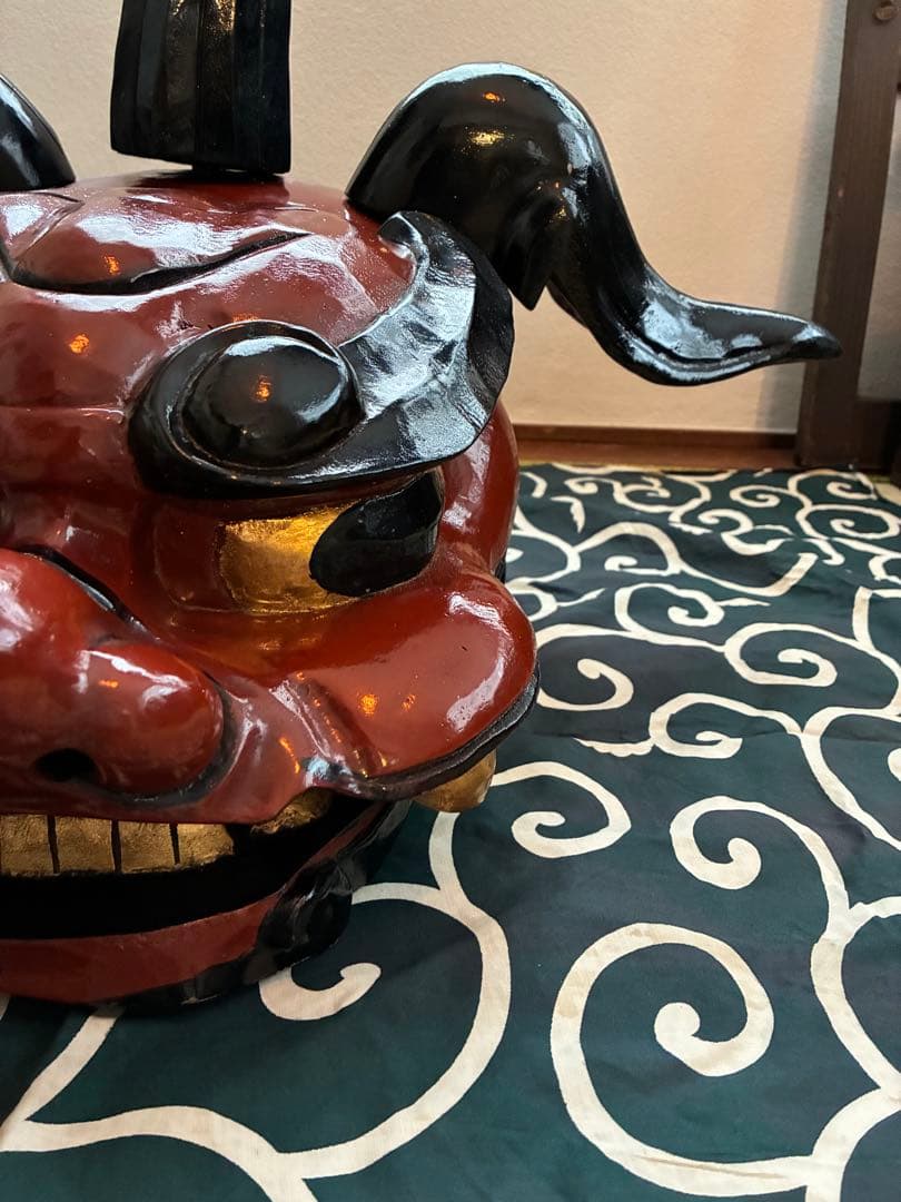 昭和 美品 獅子舞 獅子頭 祝い獅子 木彫り 骨董 唐草模様 風呂敷 希少 レア