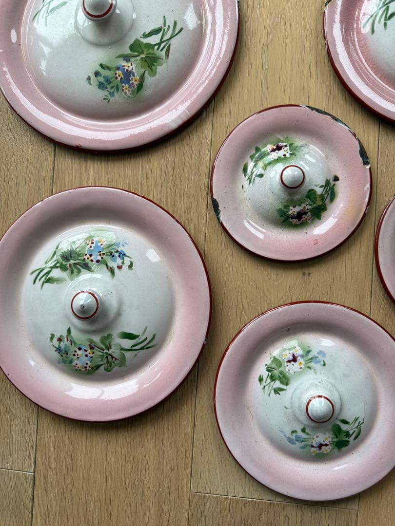 フランスアンティークシャピー社ウエディングセットピンクぼかしホーロー片手鍋蓋のみ