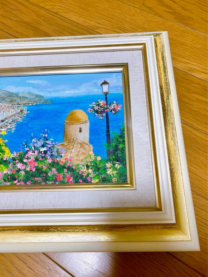 油彩画　生田明 「アマルフィ海岸」 油絵　額入り　風景画　真筆　肉筆画　手描き