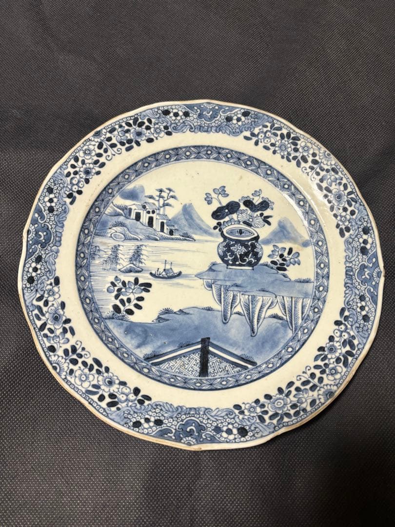 中国古美術 清の乾隆時代 青花　山水風景　大皿25cm　染付