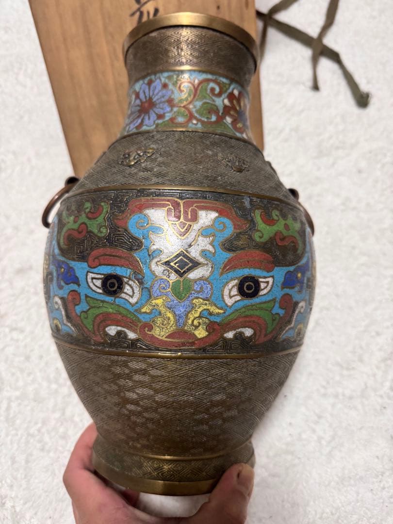 【希少骨董品】 中国 花瓶 壺 美術 古銅 古玩 亀甲文 七宝 双獣耳時代物