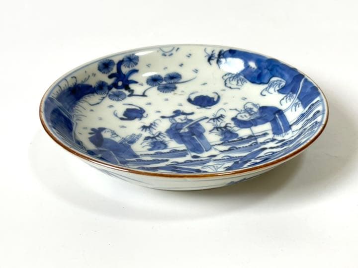 骨董　染付　吉祥文　三仙人図　五寸皿　古染付　青花