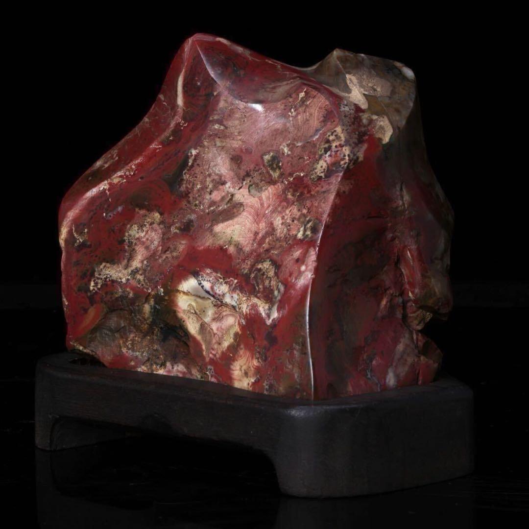 【希少・美石】佐渡 錦紅石 錦石 錦瑪瑙 赤玉石 ジャスパー 鑑賞石 台座付