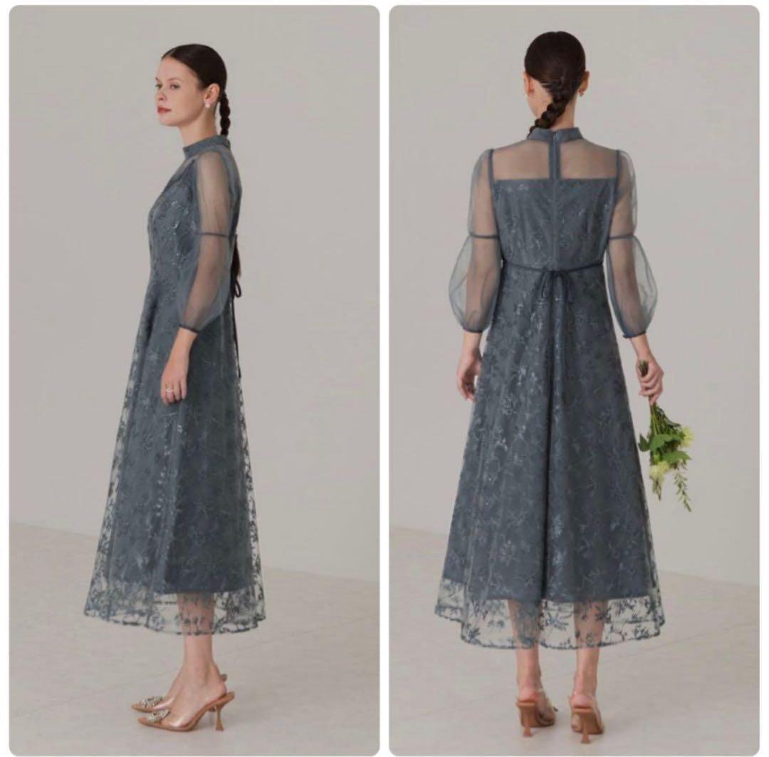 Leja花柄レーススパンコールワンピースドレス　刺繍入りグレー　ブルー　ドレス