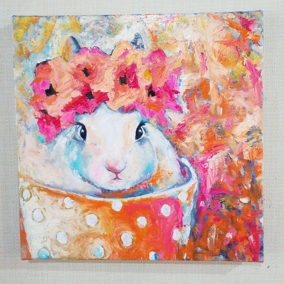 油絵　専用　素焼きのポットに入った花冠のうさぎ