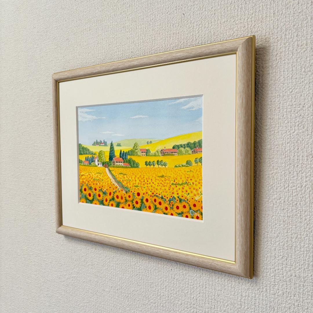アクリル画　原画　「ひまわりの丘10」額縁付　SMサイズ　風景画