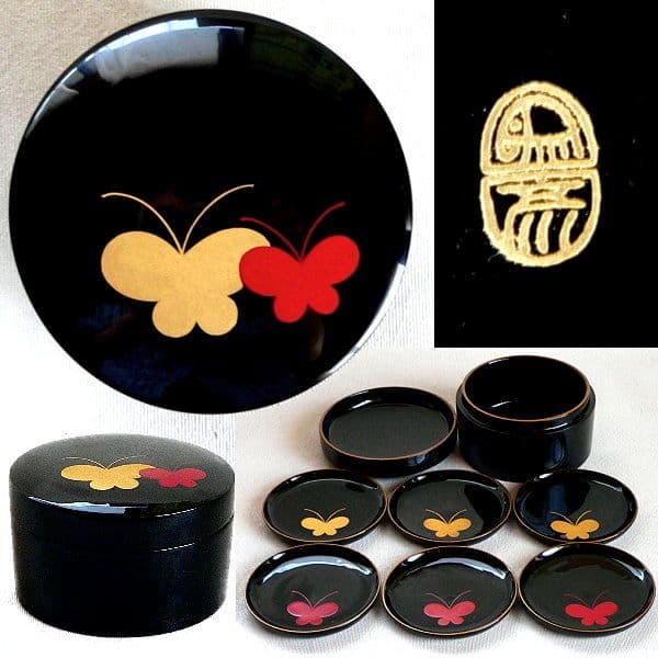 ☆美品【象彦 漆器】久美皿 蝶々 漆筒箱入り