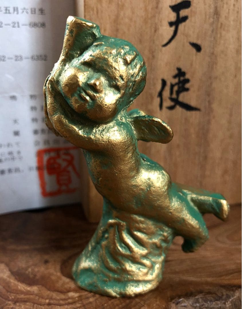 ブロンズ像 (天使) 日展作家 銭亀賢治作 略歴付き 共箱 時代