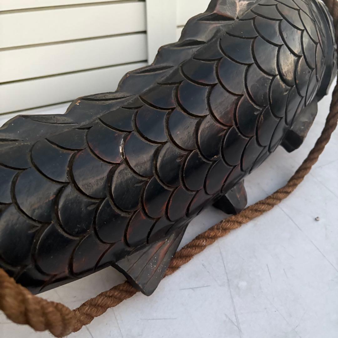 古作■自在鉤 無垢材 鯉型 精緻彫刻 吊り縄 鉄鈎付き 囲炉裏 古道具