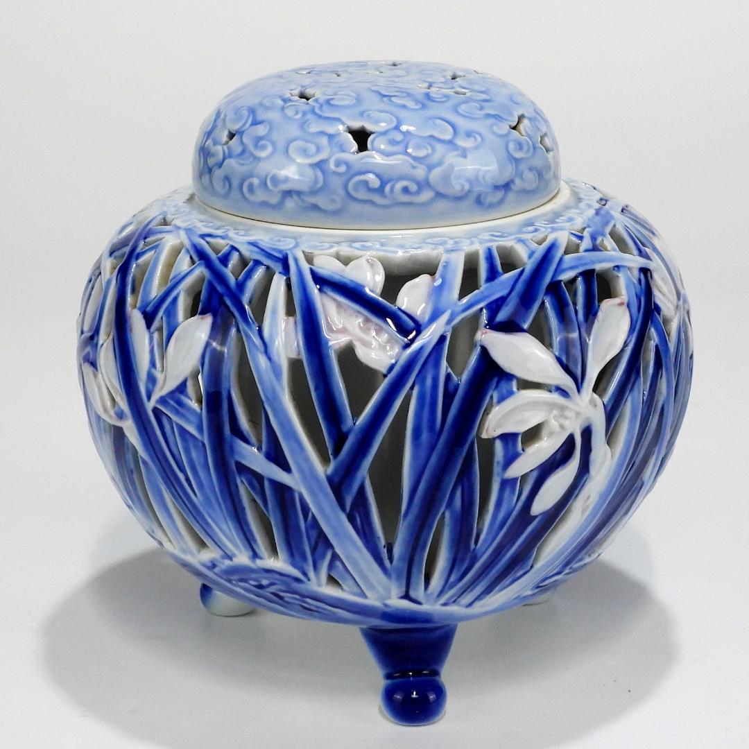 深川製　蘭彫刻 香炉 共箱