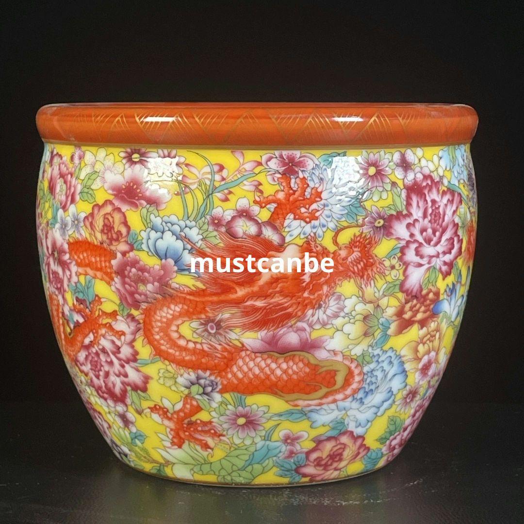 清乾隆琺瑯彩万花双龍響水甕 景徳鎮 陶磁器 装飾品 現代工芸品 美術品 置物