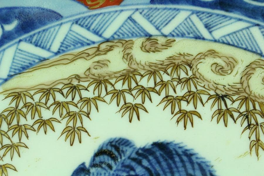 染錦 虎図 大皿 骨董品 φ39cm(K-YC473)