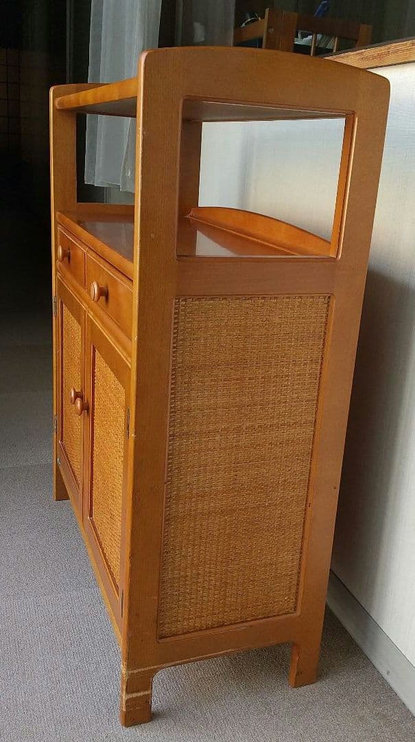 オールドカリモク キャビネット 電話台 収納 棚 ラタン