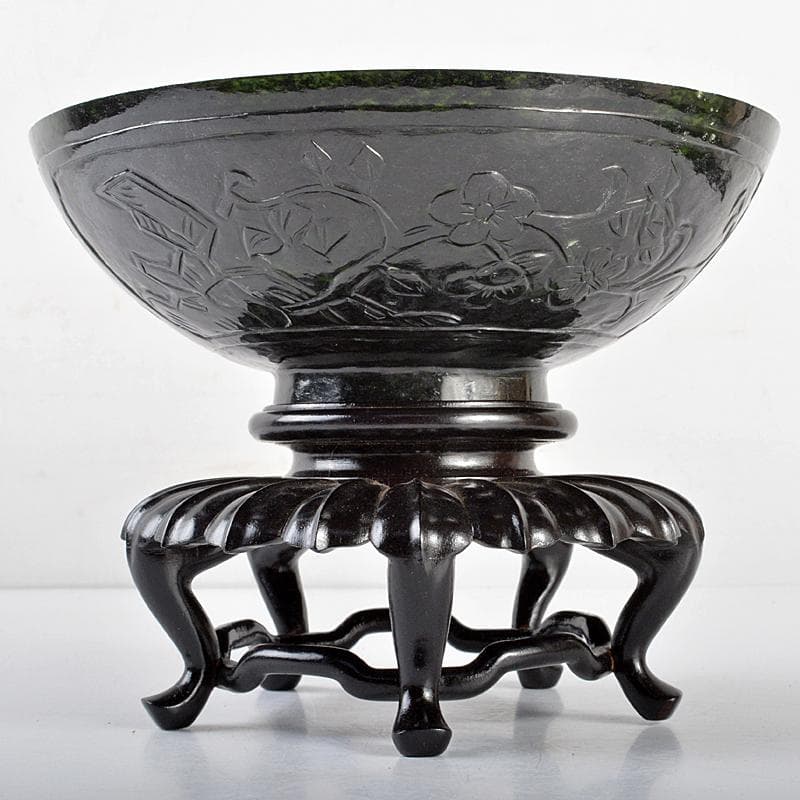 中国　玉石彫刻　花刻　鉢　唐木台付　V　R5378