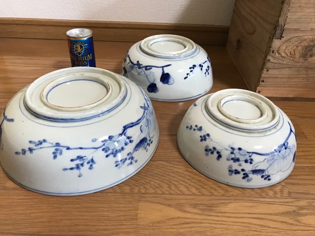 【アンティーク・天保10年】 古伊万里 染付 藍染 三ツ丼 木箱付き