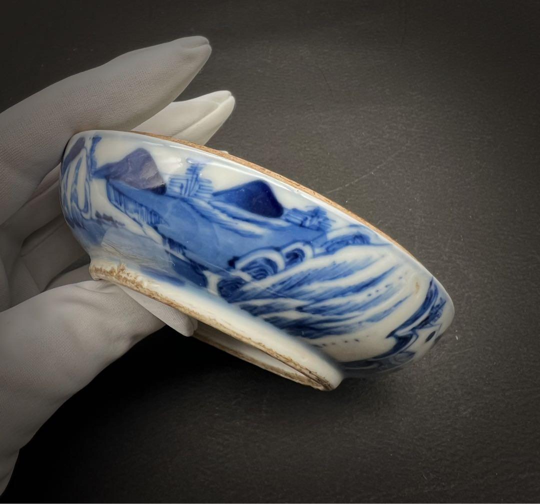 中国美術 古玩 青華染付 乾隆年製 爵禄封侯 山水紋樣 蓋合