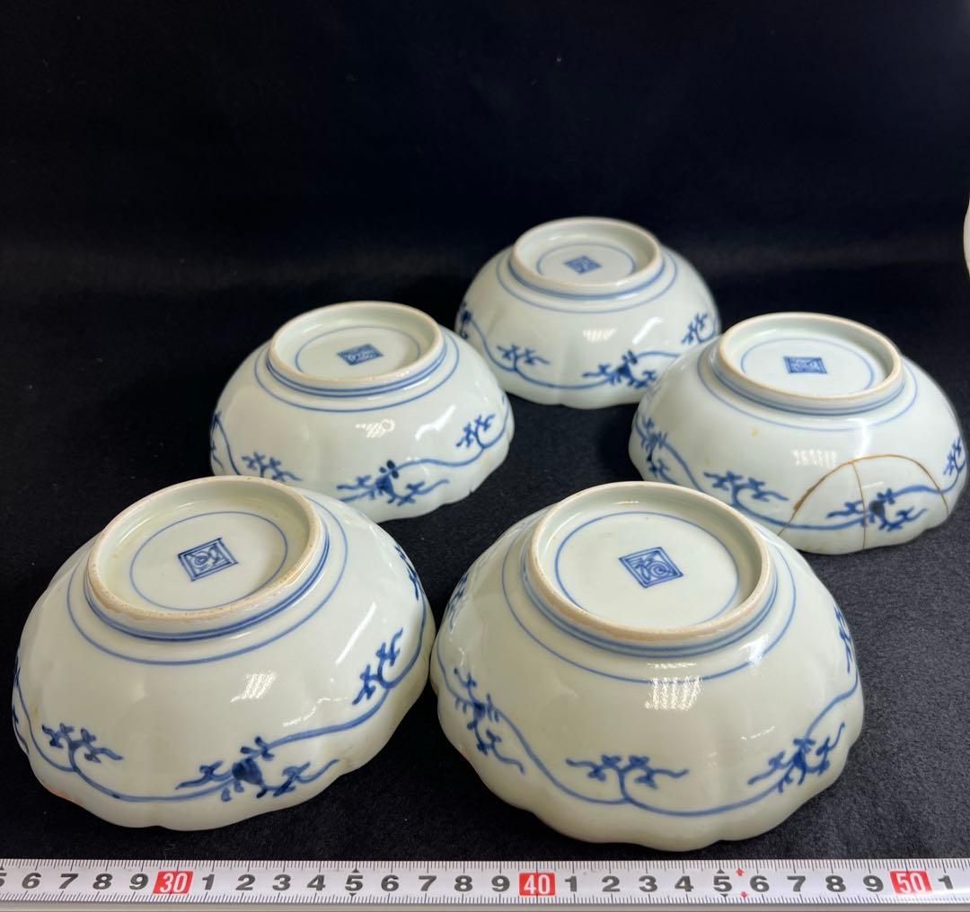 江戸中期　藍柿右衛門手輪花膾皿5枚　幅約14㎝　東Y8-0106☆2F