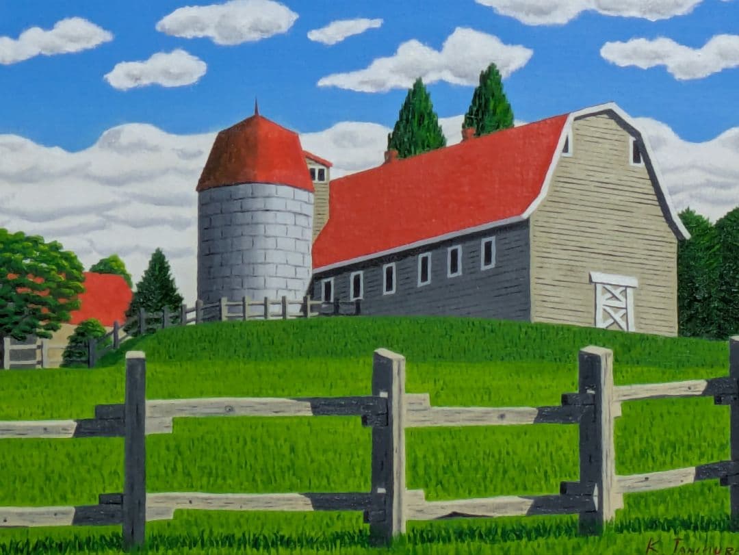 ★サイロのある牧場・肉筆油彩画・F6キャンバス