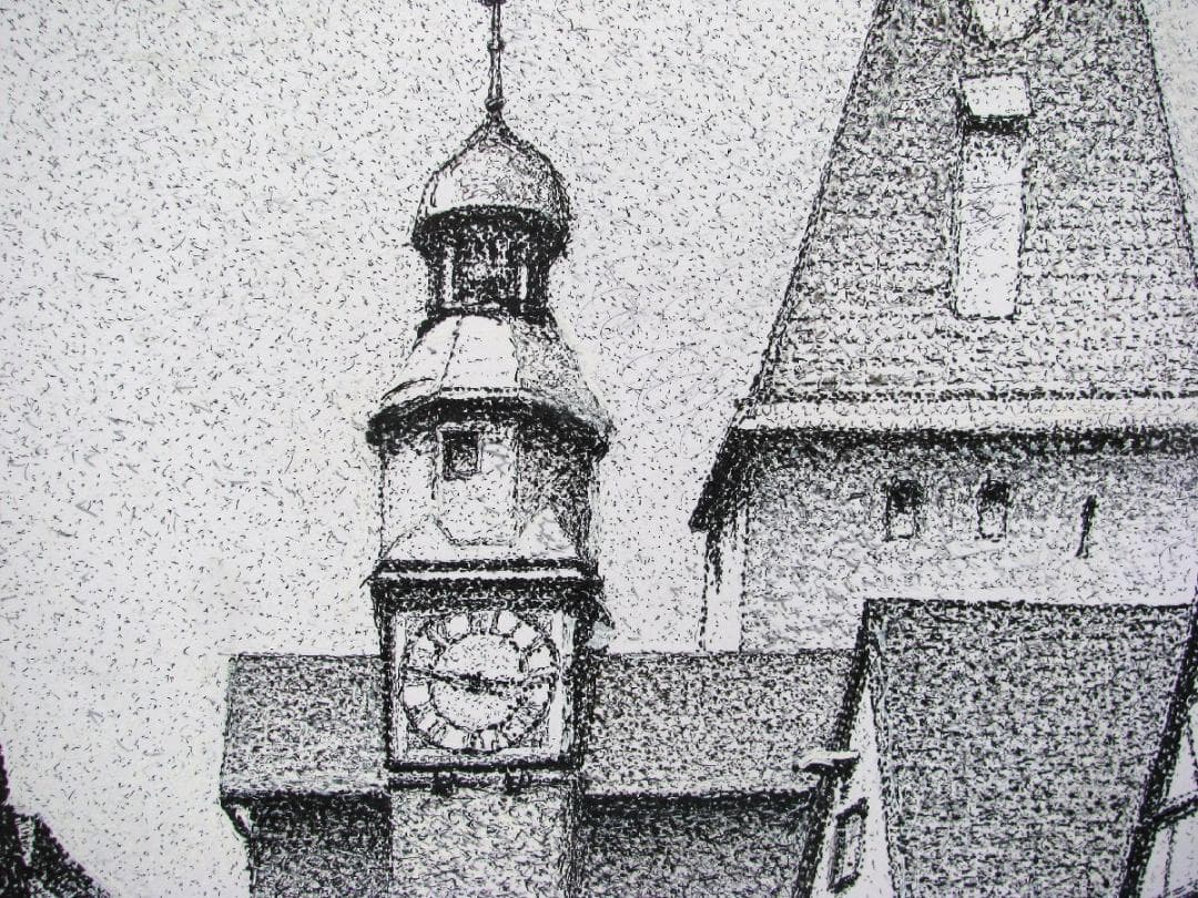 点描の実力作家,齊藤四郎「ローテンブルクの街」約8号紙にペンの点描