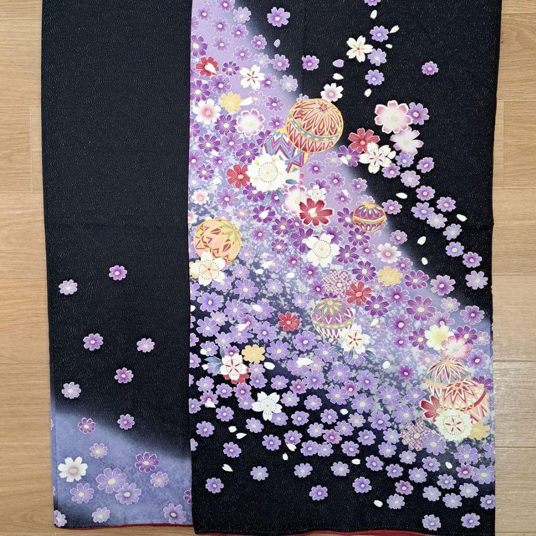 新品同様に近い フルセット 正絹振袖 黒地ラメ入りに紫桜柄 成人式 卒業式に最適