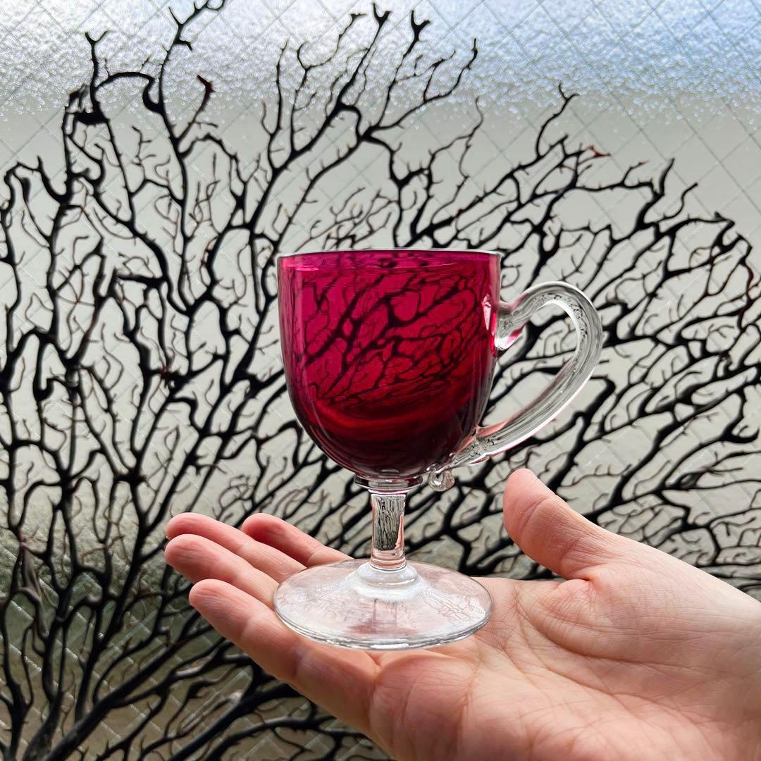 骨董　時代ガラス　希少　金赤ガラス　取手付き　アイスクリームコップ　ウラン