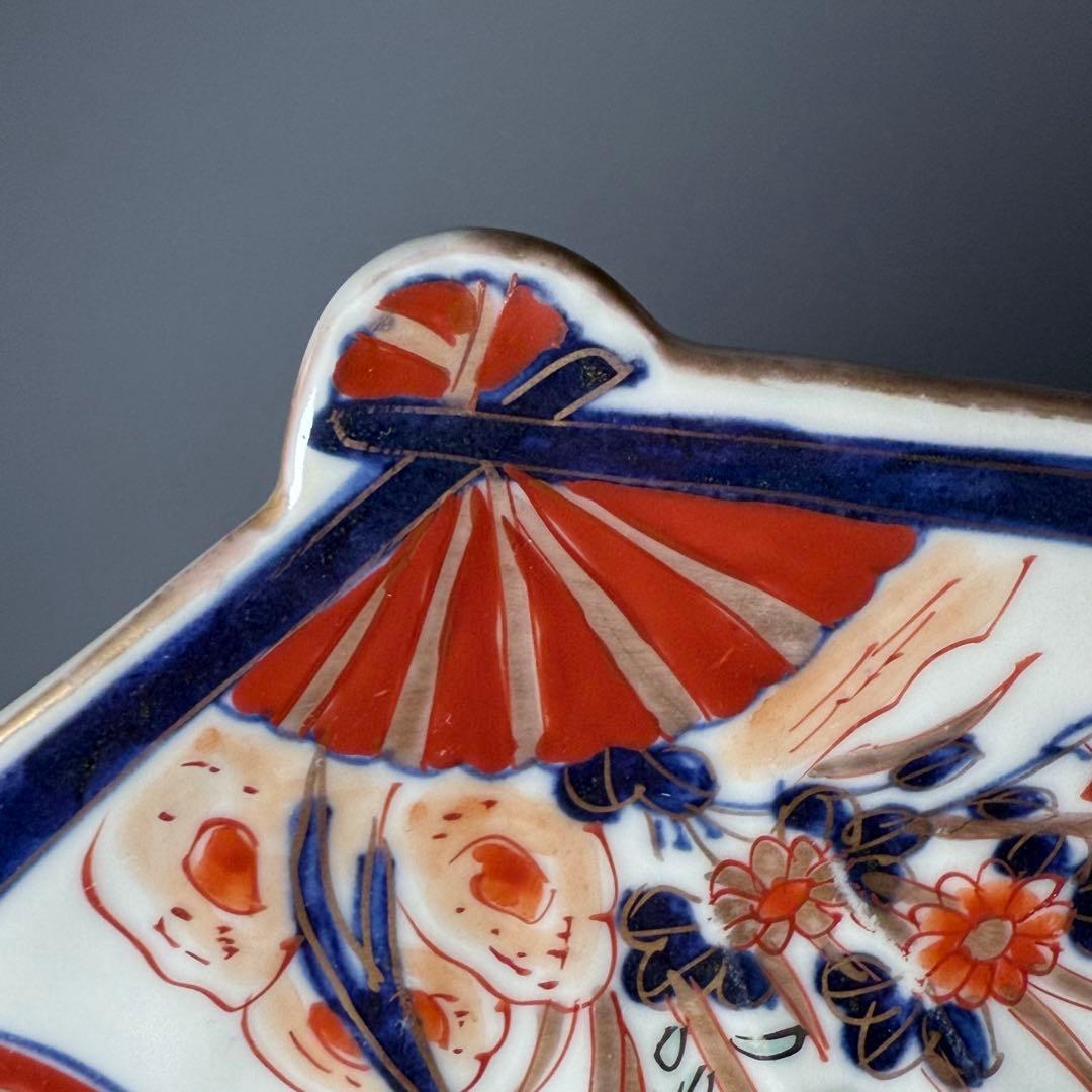 1800年代後期　古伊万里　色絵花蝶図変形中皿　五枚　柘榴に鳳凰　裏蝙蝠文　珍品