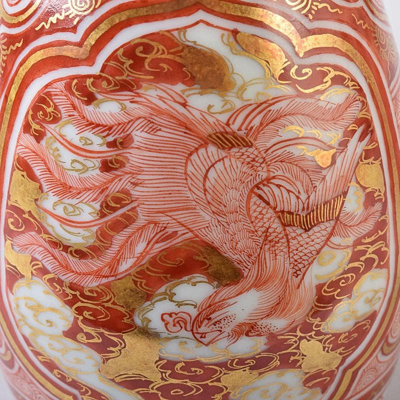 九谷焼　赤絵金彩　静山銘　獅子花文　盃　五客　龍鳳凰文　徳利　一對　MR8445